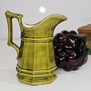 Vtg Studio Pottery Creamer Olive Green Paneled Octagon Mini Stone Pitcher Signed